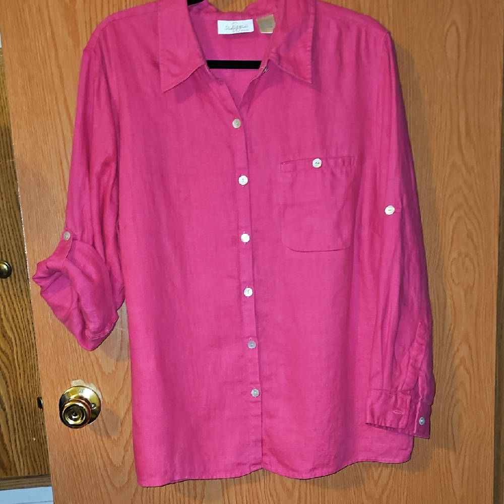 100% Linen Studio Works Vibrant Pink Button-Up Shirt Size 1X